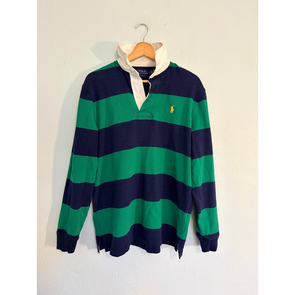 Polo Ralph Lauren Rugby Shirt Medium Green Navy Striped Classic Preppy Academia